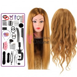 Cap de practica cu par natural 85% de 60 cm Blond Inchis CPTS003 + Accesorii si Suport de masa
